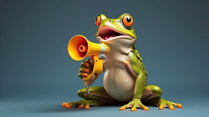 Wall Mural - Frog with megaphone. A whimsical of a frog energetically shouting into an orange megaphone against a vivid yellow background. 