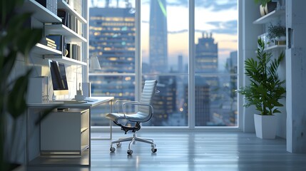 Modern home office setup, with a sleek, minimalist desk, ergonomic chair, and organized shelves against a blurred city skyline. The room is bathed in natural daylight, by a gentle blue.