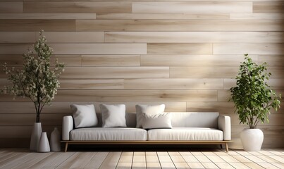 Wall Mural - Minimalist Living Room with Wooden Wall and White Sofa