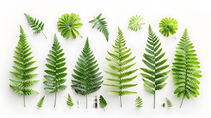 Wall Mural - Vibrant green fern leaves, organized neatly against a stark white backdrop, highlighting the intricate patterns and textures of the foliage.