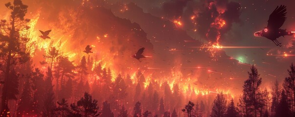 Futuristic wildlife with neon markings fleeing a destructive wildfire, with digital fire barriers and drones providing assistance