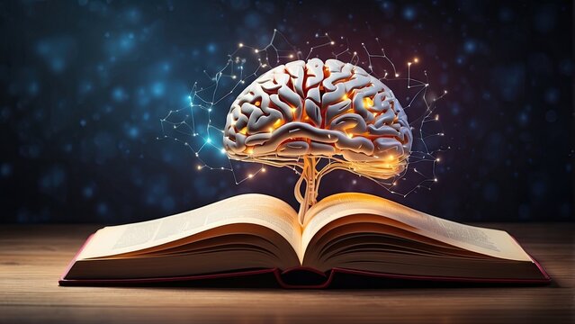 An innovative idea, a self-learning or educational concept, a glowing brain and book, and a business study concept. notion of insight and inspiration from reading. inspiration, no people, light bulb, 