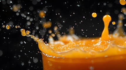 The background is black, and the orange juice liquid splashes in close-up, creating a high-definition commercial photography effect. The bright orange color of mango jam splashes.