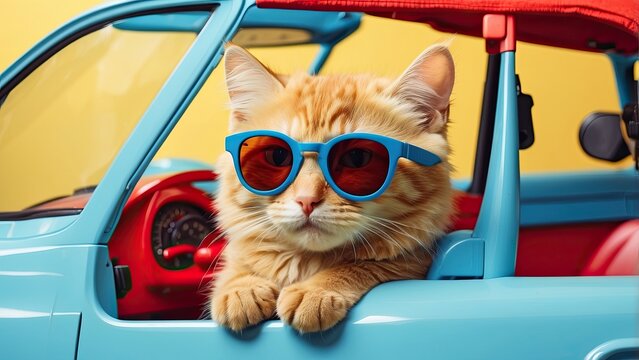 Cute cat with sunglasses in toy blue red car on yellow background, cat, lovely, pet, adorable, funny, little, animal, cute, small, yellow, auto, automobile, automotive, comical, cool, drive, driver