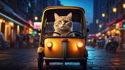 Wall Mural - Funny cat driving a auto rickshaw or Tuk tuk in night city. cat, auto, automobile, automotive, comical, cool, drive, driver, driving, humor, journey, motor, passenger, pet, ride, transport, trip
