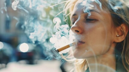 Woman smoking a burning cigarette outdoors with copy space white smoke around the cigarette