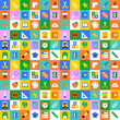 © Dedraw Studio - Colorful back to school geometric mosaic seamless pattern. Modern flat education cartoon icon background, fun study concept wallpaper print. Children stationery texture, art supplies symbol design.