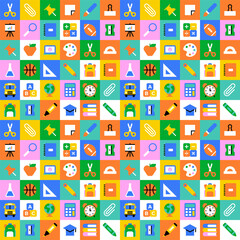 Leinwandbilder - Colorful back to school geometric mosaic seamless pattern. Modern flat education cartoon icon background, fun study concept wallpaper print. Children stationery texture, art supplies symbol design.