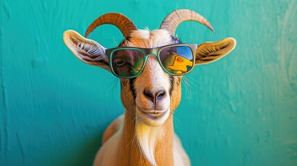 Wall Mural - Cool Goat in Sunglasses Against a Turquoise Background