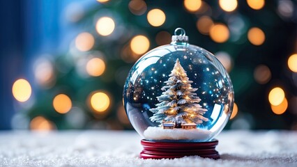 Wall Mural - Beautiful glass ball with Christmas tree on snow in the background bokeh lights, Bokeh effect, copy space. christmas, ball, bokeh, december, festive, globe, magic, merry, year, light, new, celebration