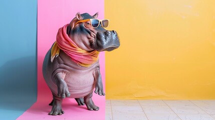 Wall Mural - Hipster Hippo in Sunglasses and a Scarf