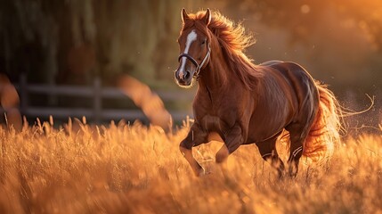 Wall Mural - Chestnut Horse Running Through Golden Field at Sunset