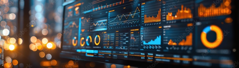 Close-up of a digital dashboard with various graphs and charts ...