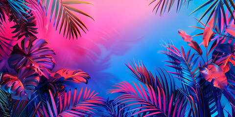 Wall Mural - Abstract Tropical Summer Neon Light Design Of Palm Leaves Background

