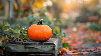 Wall Mural - orange pumpkins and lush green vines spill out of a rustic wooden wagon, nestled among autumn leaves in a sun - kissed pumpkin patch.