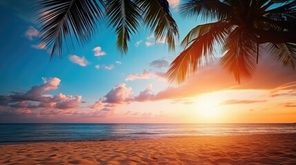 Wall Mural - Tropical summer sand beach and palm on sea sky background, copy space