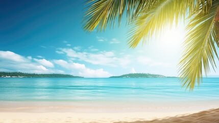 Wall Mural - Tropical summer sand beach and palm on sea sky background, copy space