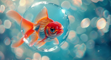 Wall Mural - Goldfish Swimming in a Bubble in a Blue Tank