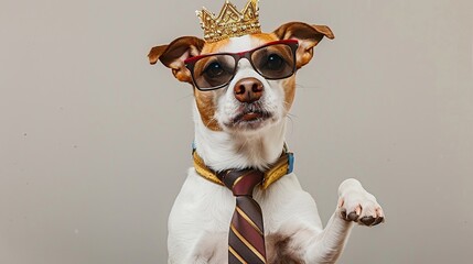 A Kingly Dog in a Crown, Glasses and Tie