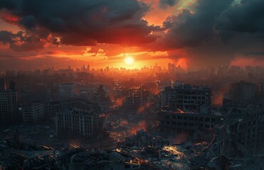 Wall Mural - Post Apocalyptic Cityscape at Sunset With Ruined Buildings and a Gloomy Atmosphere