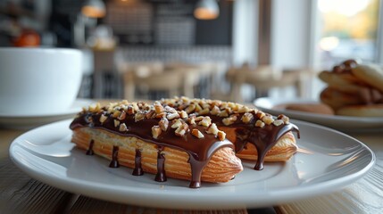 Two Chocolate-Covered Eclairs With Toasted Nuts on a White Plate in a Cafe Setting