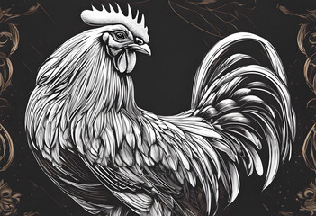 Wall Mural - Detailed illustration of a rooster with intricate feather patterns and a prominent comb.