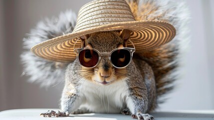 Wall Mural - A Cool Squirrel Wearing a Straw Hat and Sunglasses