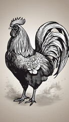 Wall Mural - Detailed illustration of a rooster with intricate feather patterns and a prominent comb.