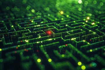 Poster - A digital maze teeming with glowing green code, a single red virus particle navigating through the labyrinth, photorealistic