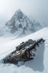 A dramatic scene of an Military tank M1 Abrams engaging in a firefight on a snowy mountain ridge Explosions erupt amidst the snowdrifts