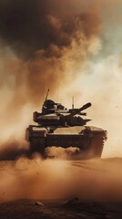 Sticker - A low-angle shot of an Military tank M1 Abrams charging across a vast desert landscape