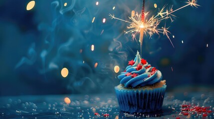 Blue cupcake with red white sprinkles and lit sparkler against blue backdrop