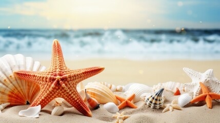 Wall Mural - Summer vacation background, seashells and starfish on the beach