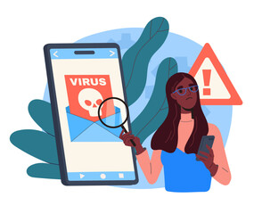Poster - virus in phone concept. woman with magnifying glass near smartphone after hacker attack. danger on i