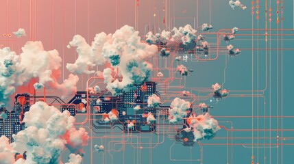 Poster - Circuit diagram reimagining a cloud as a network of interconnected components, resistors, capacitors, transistors forming the logic