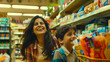 © chekart - A happy little boy and his mom are shopping for school supplies at the supermarket. Preparing for school. Back to school