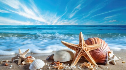 Wall Mural - Summer vacation background, seashells and starfish on the beach