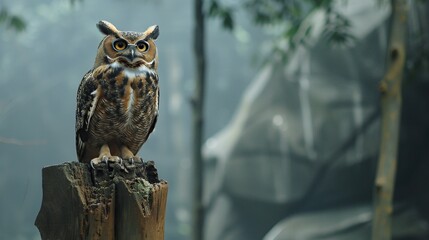 Wall Mural - A Great Horned Owl Perched on a Stump