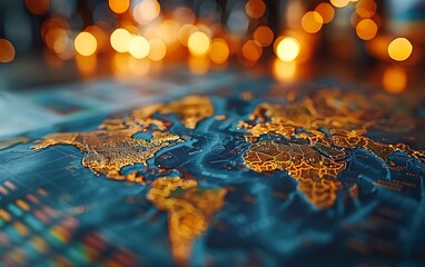 World Map with Golden Glitter Under Warm Lights