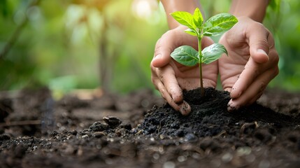 Hands placing a growing plant into the soil, representing the commitment to ecological conservation