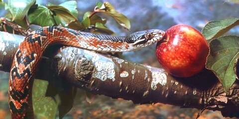 Wall Mural - Digital Artwork of a Serpent and Apple on a Tree Branch, Symbolizing Original Sin from the Book of Genesis. A Representation of Human Faith, Christian Belief, and Religious Themes. Ideal for New Year,