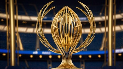 A majestic Champion Cup Trophy 2024 rendered in vibrant 3D, resting on a gleaming gold pedestal, against a dramatic dark blue background at the grand Eurostadium in Paris, France, featuring intricatel