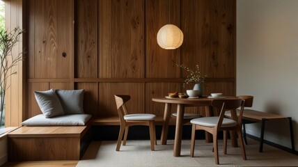 Japanese-Scandanavian-Filipino inspired motif interior for a space-saving dining area, with a round table surrounded by 2 mismatched chairs and a bench against the wall. Wood motif and texture