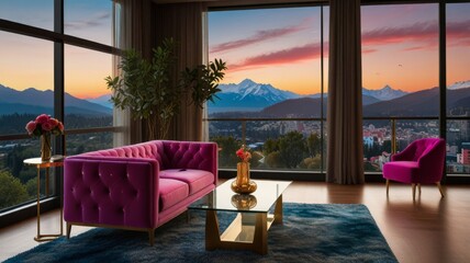 a luxury image for YouTube banner with panoramic background of large glass window with luxury breathtaking view of mountains sunset lighting featuring a cozy lounge room with soft colours blue gold