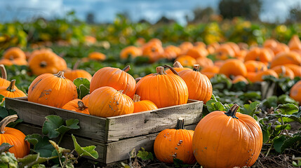orange pumpkins and gourds in a lush green patch surrounded by wooden crates and autumnal foliage un