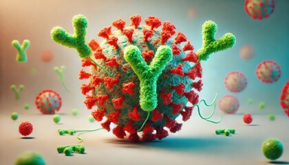 Microscopic view of virus particle - detailed red spiked sphere with green antibody-like structures in a scientific illustration