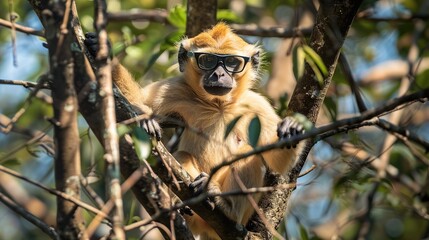 Wall Mural - Cool Monkey Wearing Sunglasses in a Tree
