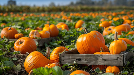 orange pumpkins and gourds in a lush green patch surrounded by wooden crates and autumnal foliage un