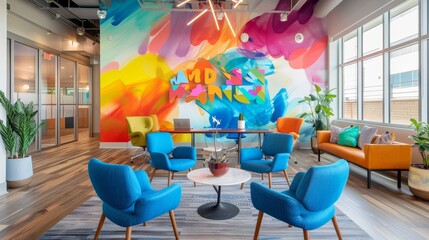 Modern office meeting room featuring blue chairs and a vibrant, colorful wall mural, creating a lively and inspiring space