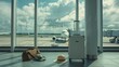 © nicole - Travel Essentials: Personal Rolling Suitcase and Luggage in Airport Terminal with Airplane on Runway